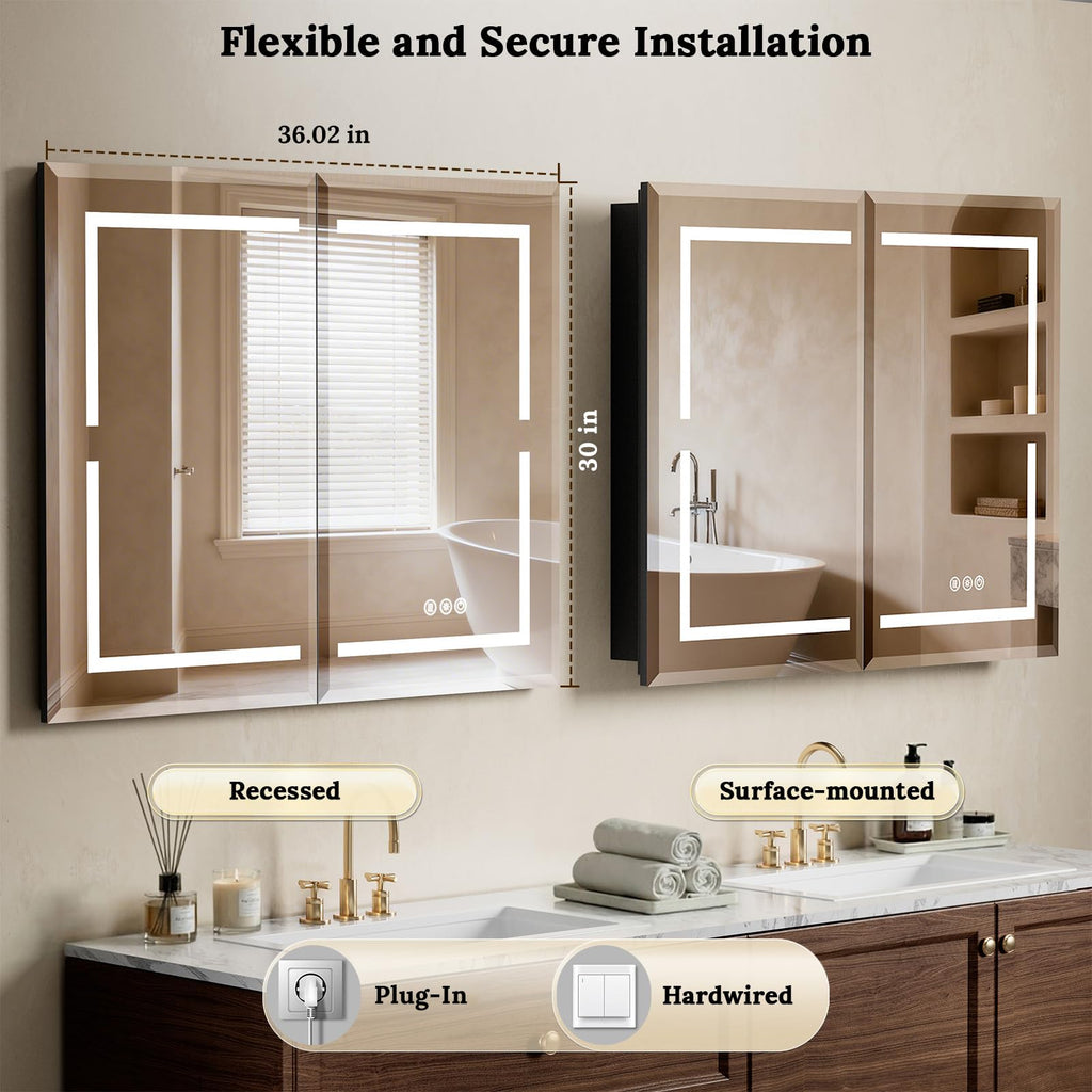 36"X30" Bathroom Medicine Cabinet with Mirror, LED Lighted Medicine Cabinet with Anti-Fog, 3 Colors Temperature