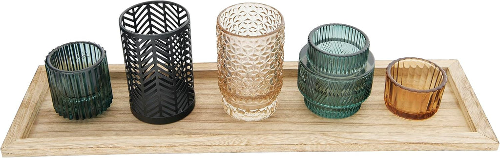 5-Piece Embossed Glass and Metal Tealight Candle Holders in a Wood Tray, Multicolor