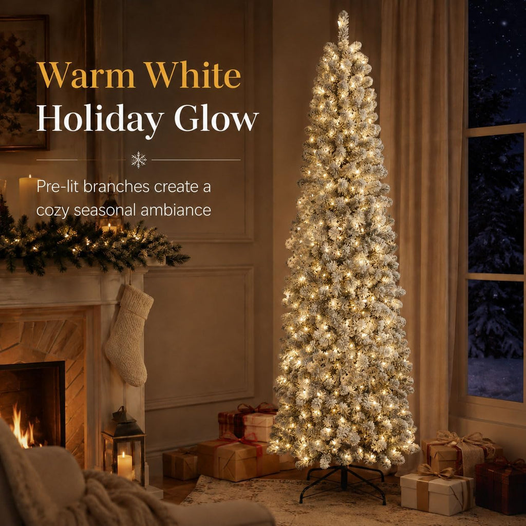 Prelit Slim Pencil Flocked Artificial Christmas Tree-WarmWhite