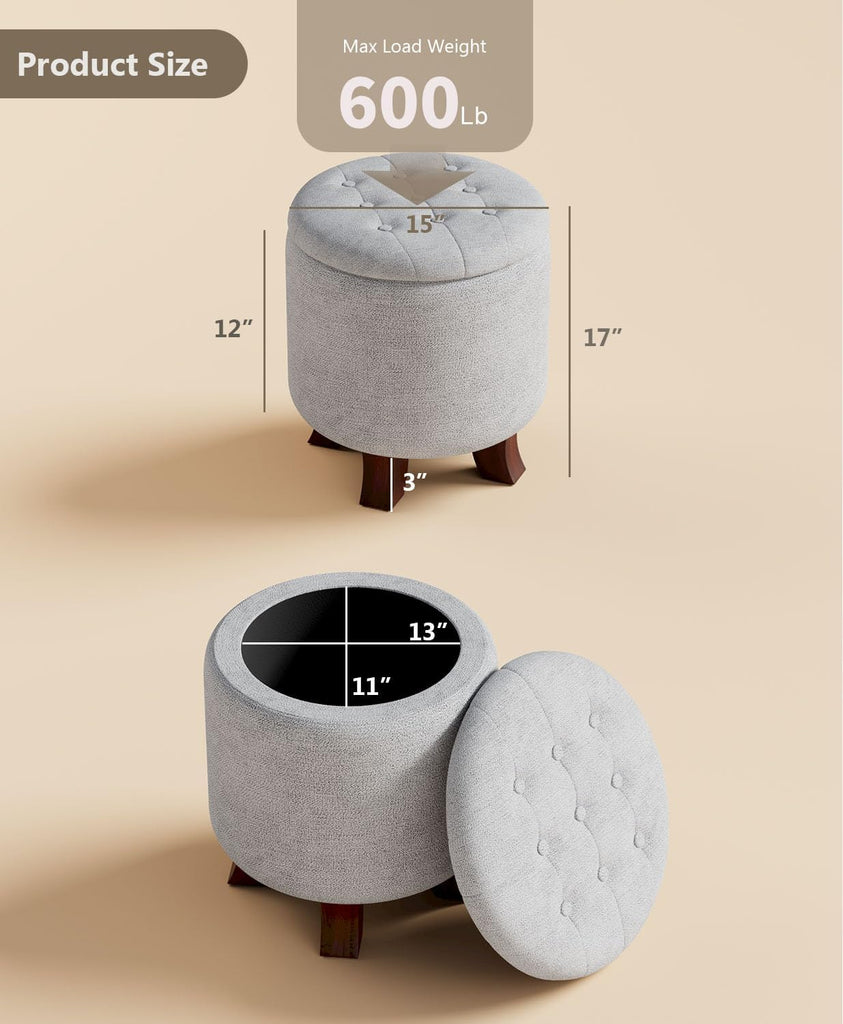 Round Storage Ottoman Bench, Light Gray, 16 Inches | Multi-Functional Ottoman Foot Rest, End of Bed Bench, Storage