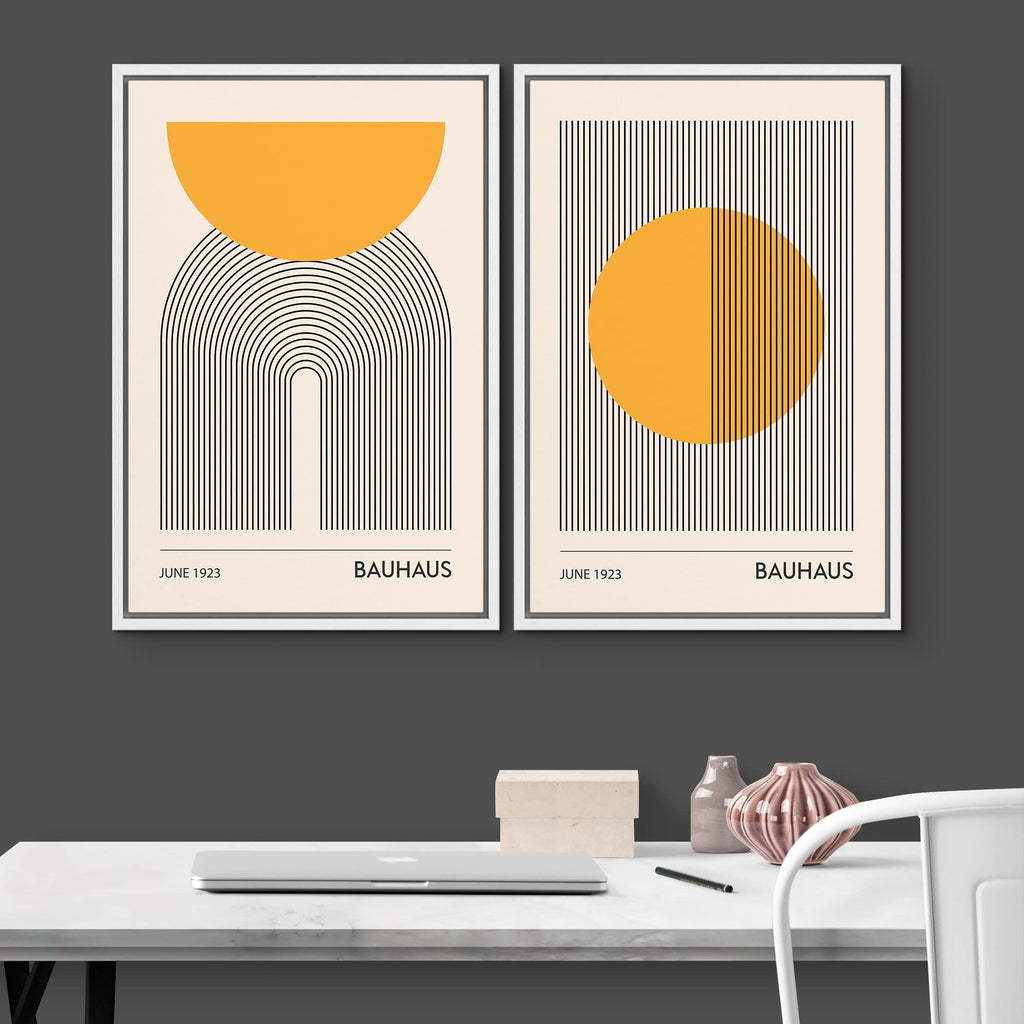 Framed Canvas Print Wall Art Set Bauhaus Geometric Solar Sun Wave Collage Abstract Shapes Illustrations Modern Art