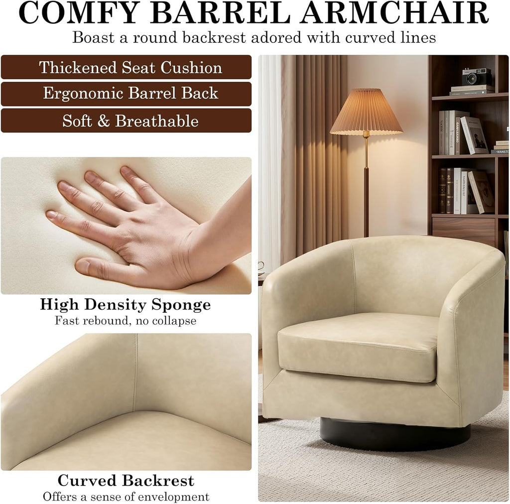 Faux Leather Swivel Accent Chair, Barrel Club Armchair, Cream
