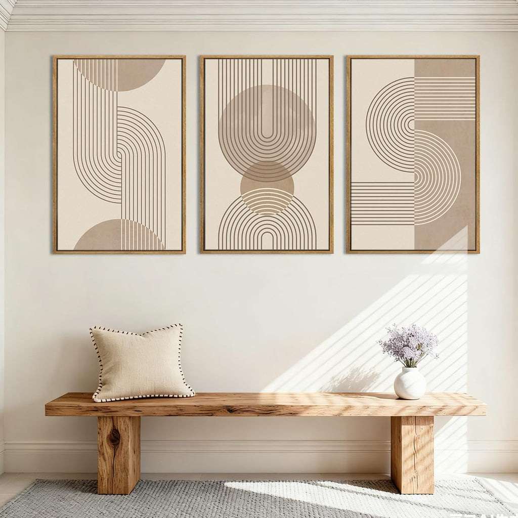Large Neutral Boho Beige Framed Wall Art 16x24 Inch Abstract Modern Canvas Wall Decor Minimalist Geometric Artwork