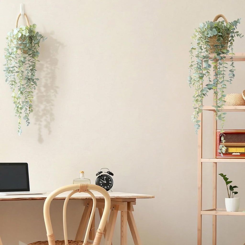 Fake Hanging Plant Decor Indoor, Eucalyptus Artificial Faux Plants in Wall Woven Planters, Jute Hanger with Black Pot