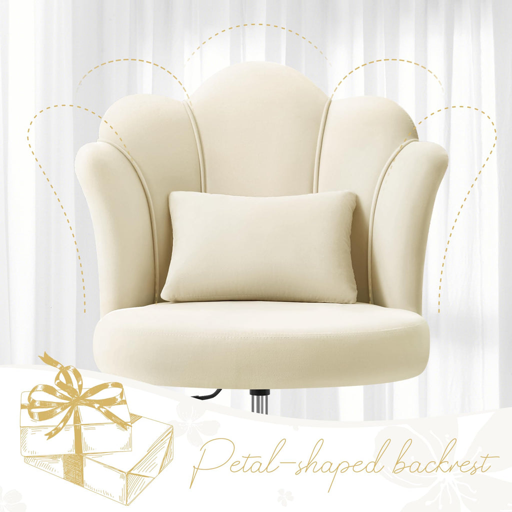 Oatmeal Vanity Chair with Wheels, Petal Velvet Armless Desk Chair