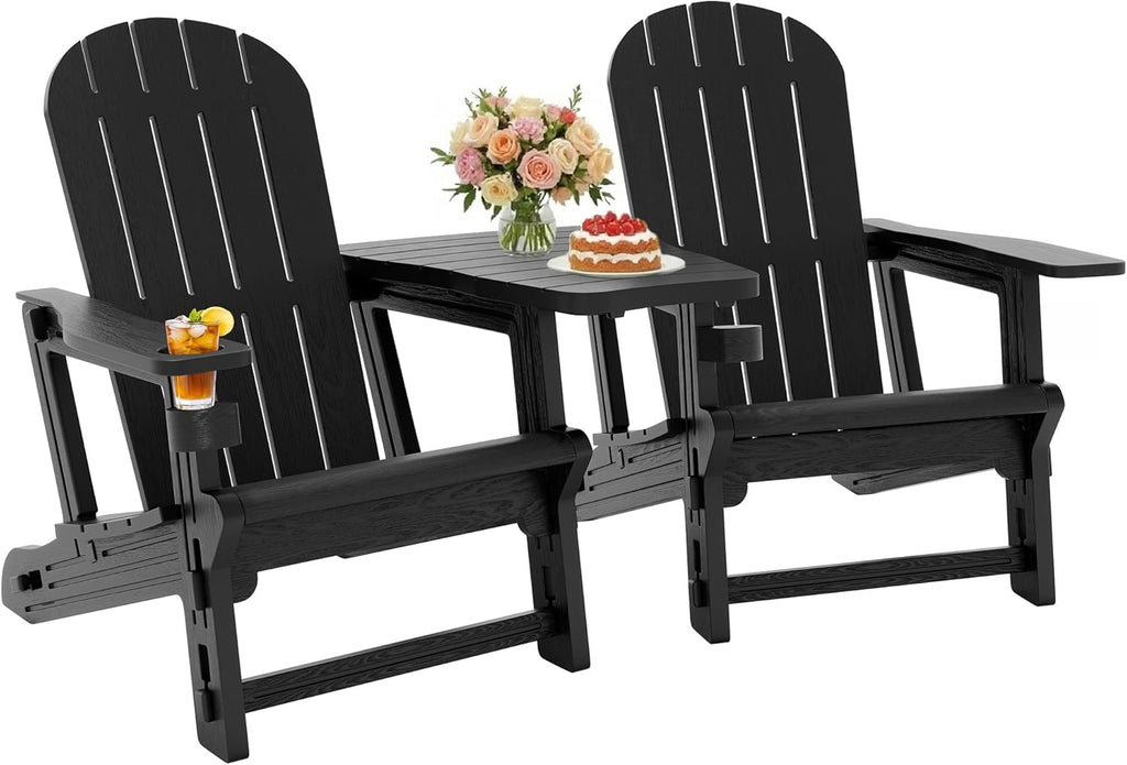 JY QAQA Outdoor Adirondack Chair Set of 2, All-Weather HDPE Patio Furniture with Detachable Table, Wood Texture & Cup
