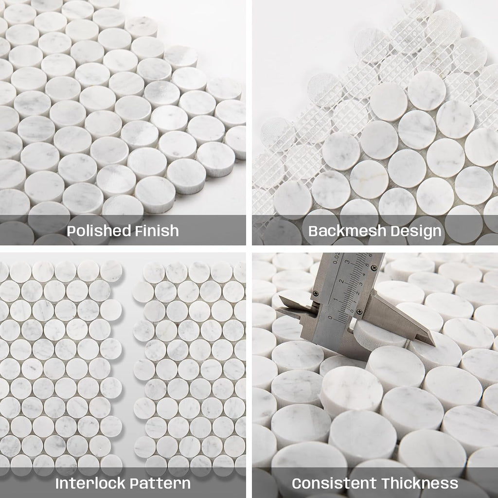 Carrara White Marble Mosaic Tile Bathroom Floor 1 Inch Penny | Water & Heat Resistant Polished Marble Backsplash for