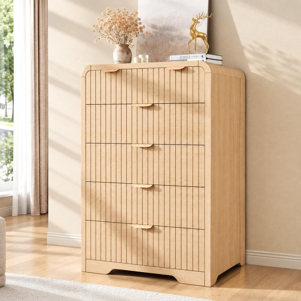 Fluted 6 Drawer Dresser - 43" Tall Dresser Chest of Drawers, Fluted Dresser, Metal Handle, Wood Dresser (Light Wood)