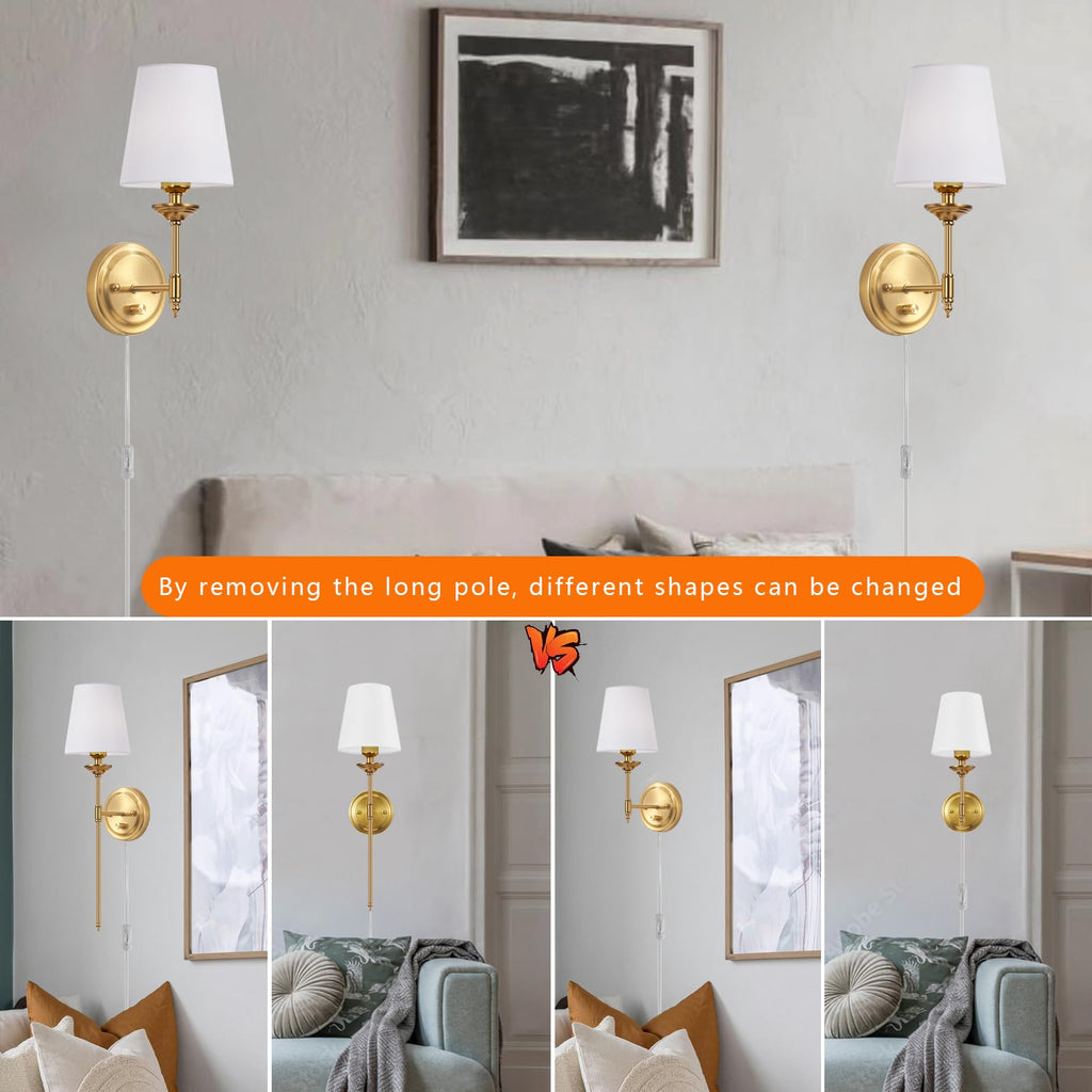 Dimmable Plug in Wall Sconces Set of 2, Gold Bedside Wall Lamp with Knob Dimmer Switch and 6.5FT Electric Cord, Mid