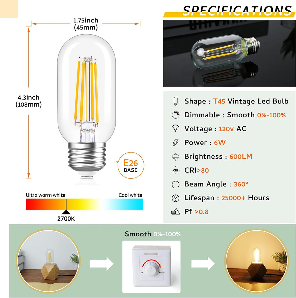 Tubular led Bulb,6w e26 Bulb T45 T14,60W Edison Vintage Bulbs,Warm White