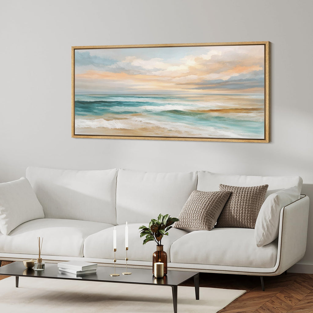 Extra Large Framed Canvas Print Wall Art Sunset Teal Ocean Wave Coastal Illustrations Decorative Colorful Multicolor
