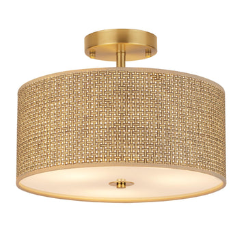 13" Rattan-Style Boho Ceiling Light Fixture, 3-Light Modern Semi Flush Mount Lamp with Drum Shade, Rustic Brown