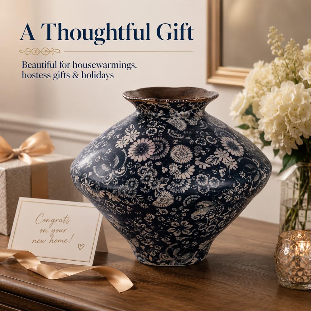 Large Wabi Sabi Blue and White Vintage Ceramic Vase, 9.8" Rustic Pottery Vase for Centerpieces, Chinoiserie