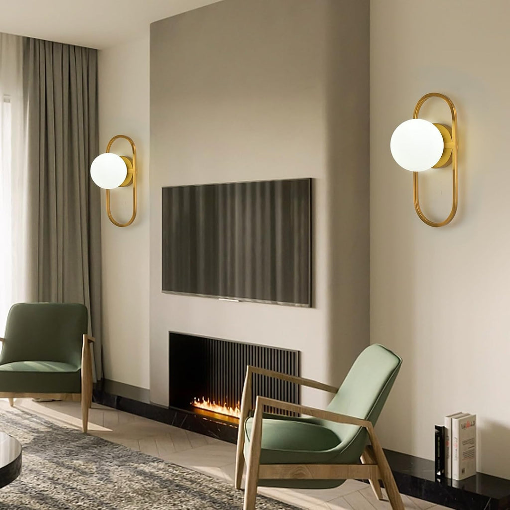 Mid Century Wall Sconces Modern Gold Vanity Wall Lamp with White Globe Lampshade Wall Light Fixture for Bathroom
