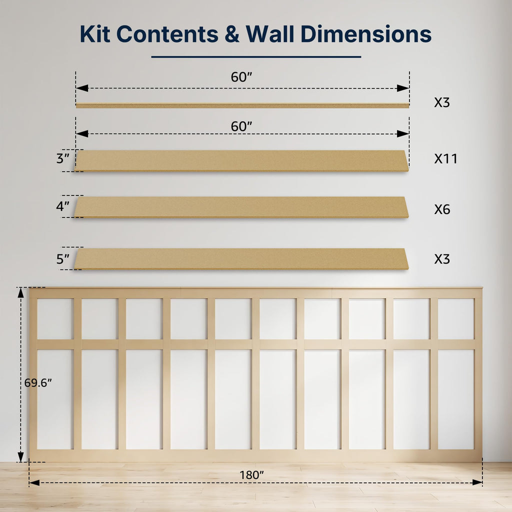 MDF Board and Batten Wainscoting Kit 180x70in Wall Panels