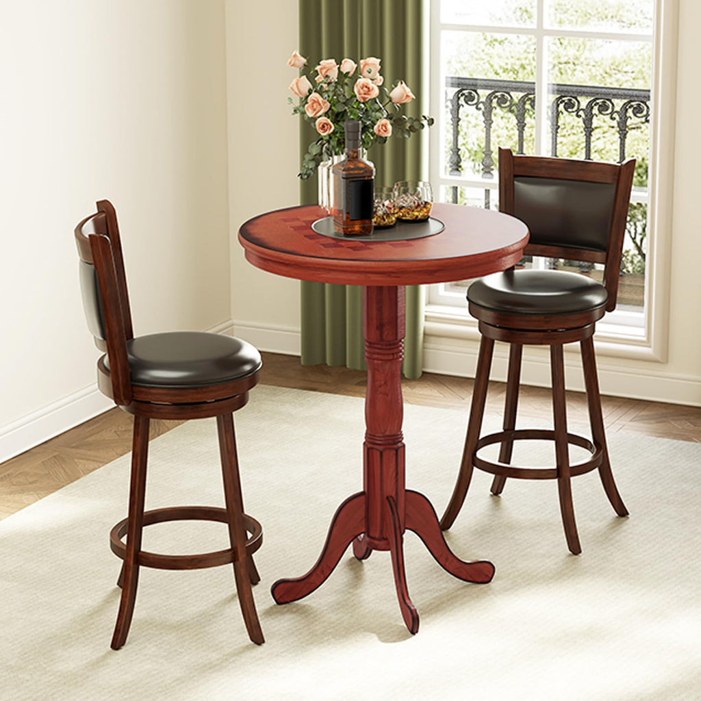 3 Piece Bar Table and Chairs Set, Round Counter Height Dining Table with Chessboard, 2 Upholstered Swivel Bar Stools