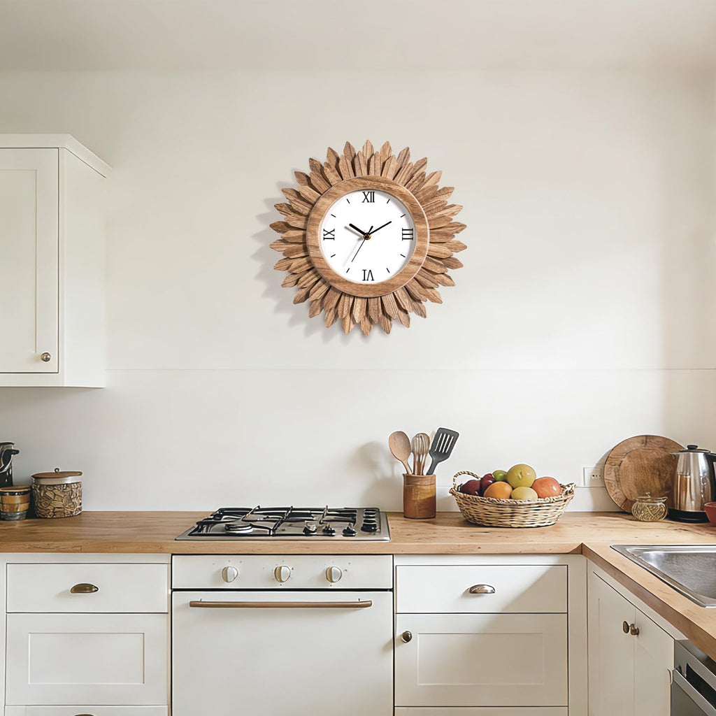 14 Inch Wall Clock Battery Operated Silent Non Ticking Rustic Wood Boho Sunburst Decorative Wall Clocks Kitchen