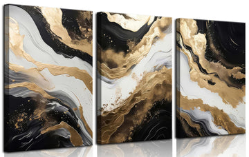 Black and Gold Abstract Canvas Wall Art Set of 3 Abstract Black Gold Marble Wall Decor Pictures Neutral Modern