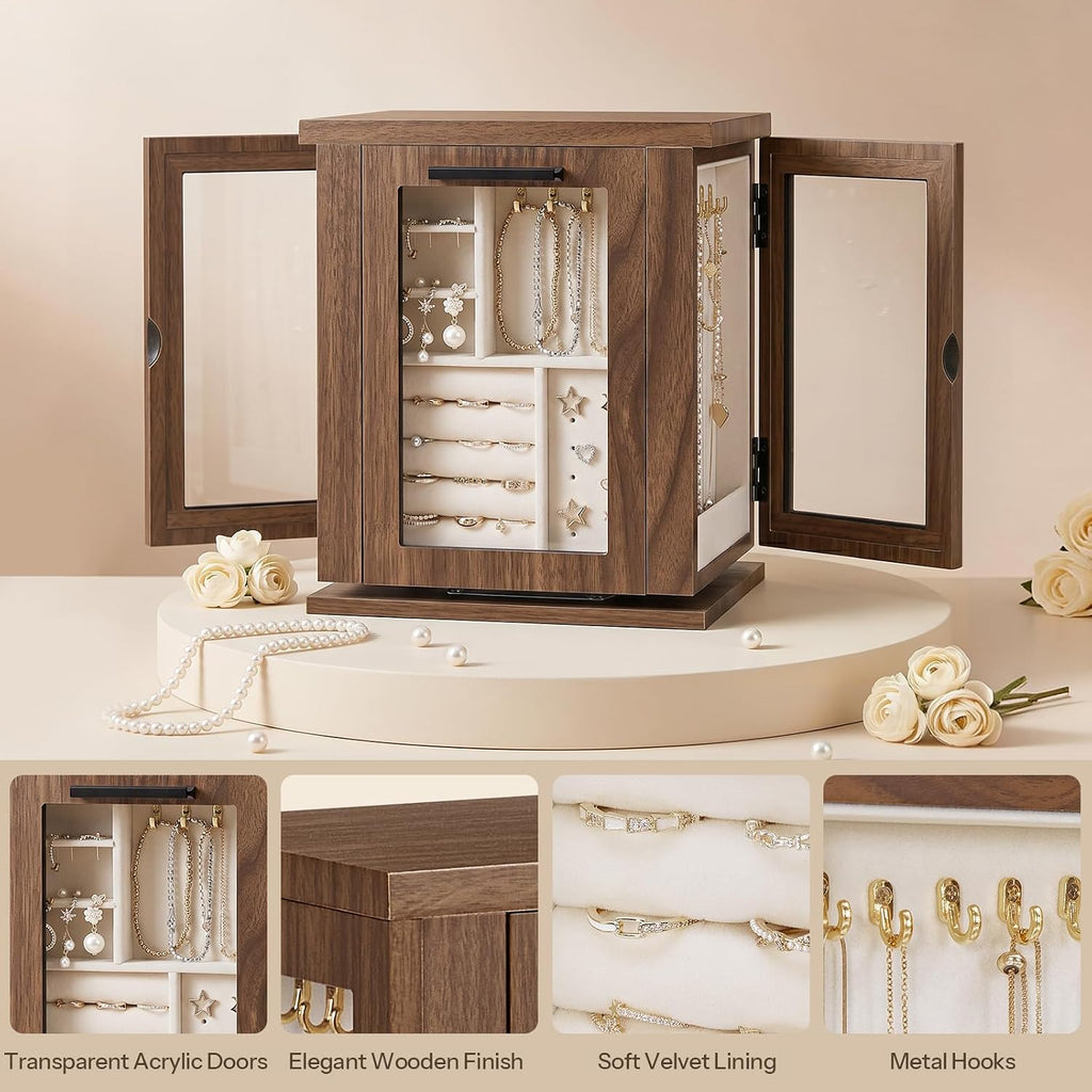 360° Rotating Jewelry Box with Mirror, Wooden Jewelry Organizer Box
