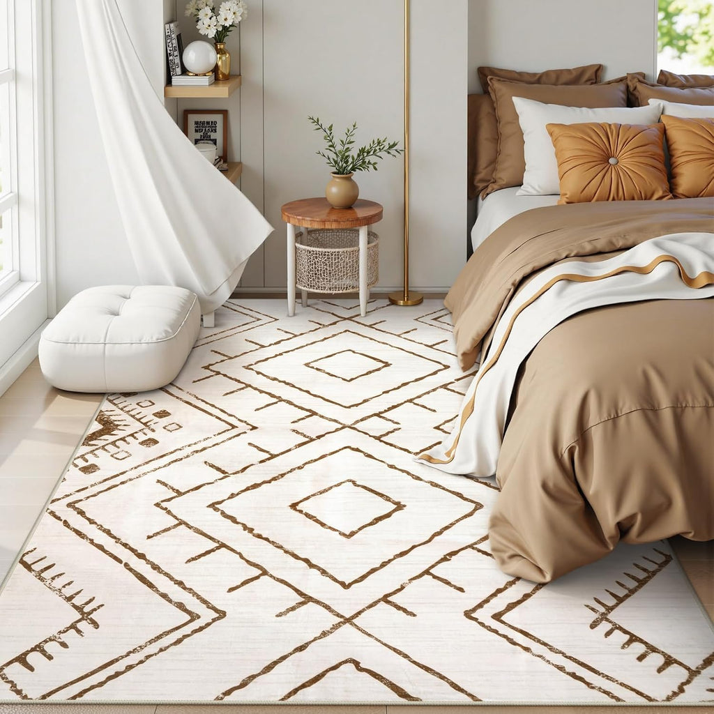 Western 5x7 Area Rug, Beige Washable Rugs Bedroom, Non Slip Moroccan Tribal Rug Low Pile Geometric Soft Boho Area