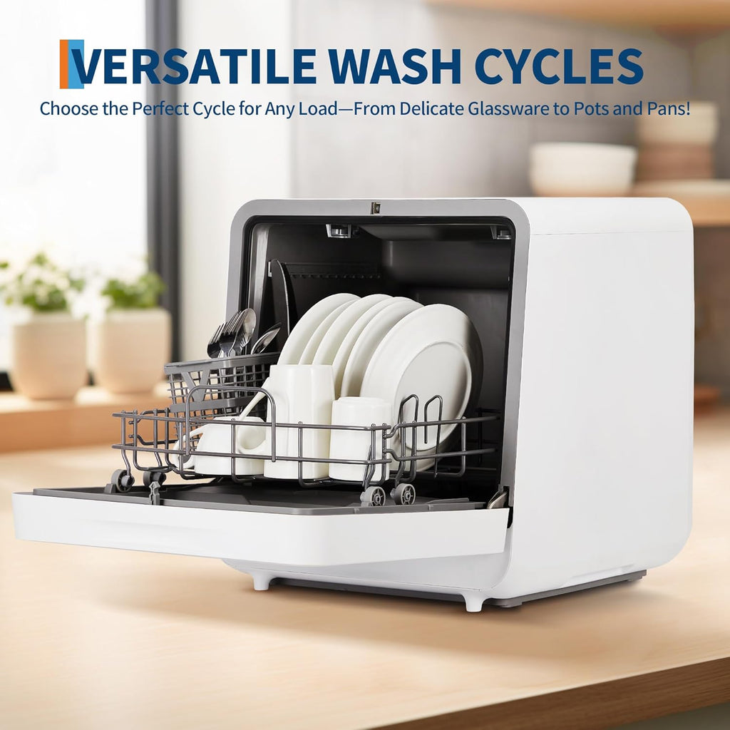 Portable Dishwasher Countertop with Large LED Display - No Plumbing Needed, 5 L Built-In Tank & Faucet Dual Inlet