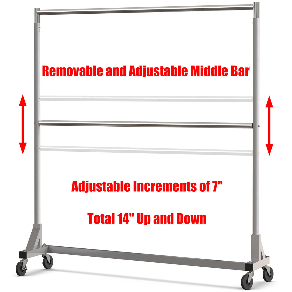 Commercial Grade Z-Base Double Rod Garment Rack, Silver