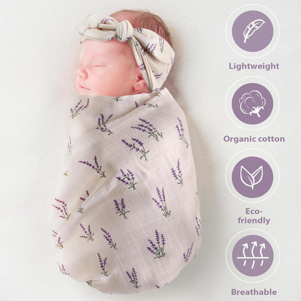 Muslin Swaddle Blankets, Muslin Baby Boy Swaddle Blanket, Headband and Hat Set with Birth Announcement Card, Newborn