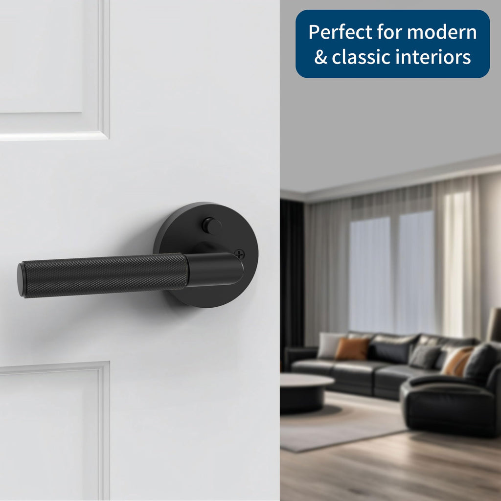 6 Pack Matte Black Knurled Interior Door Handle, Privacy Lock