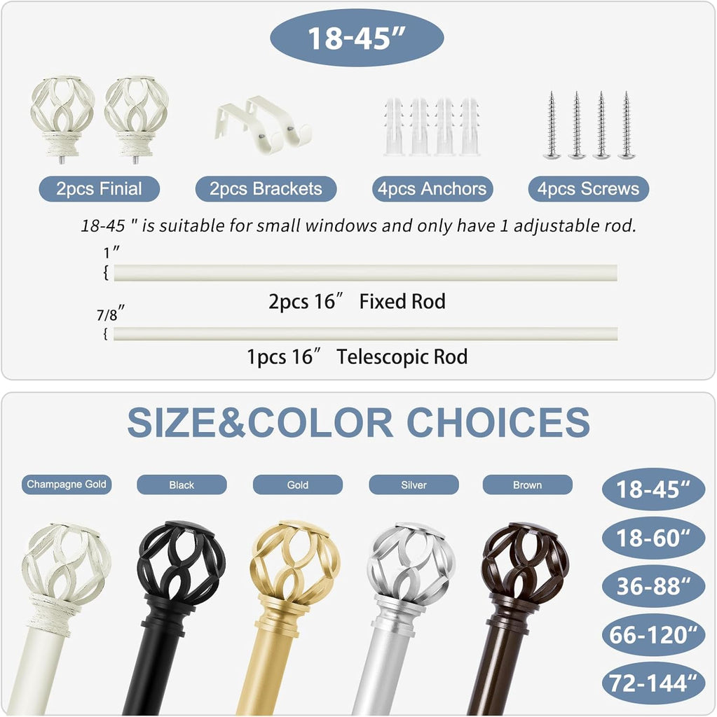 White Decorative Farmhouse Curtain Rod:18-45"Adjustable Heavy Duty Single Window Curtain Rod for Bedroom Living Room