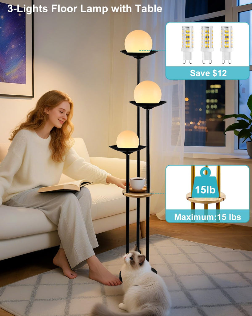 Globe Floor Lamp with Shelf 3-Lights Modern Dimmable Floor Lamps 3000K Warm White Bulbs Included Black Tall Standing