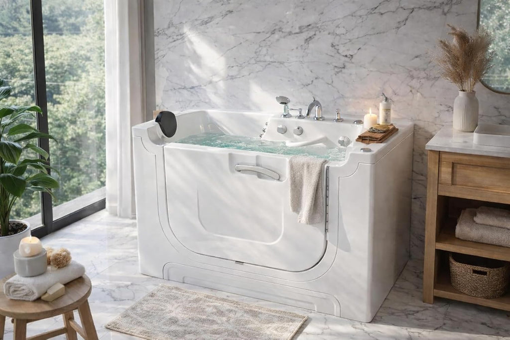 Walk In Tub 30 x 60 In Wheelchair Accessible Walk-In Whirlpool and Air Bathtub Left Drain 36 Jets Powered Fast Drain
