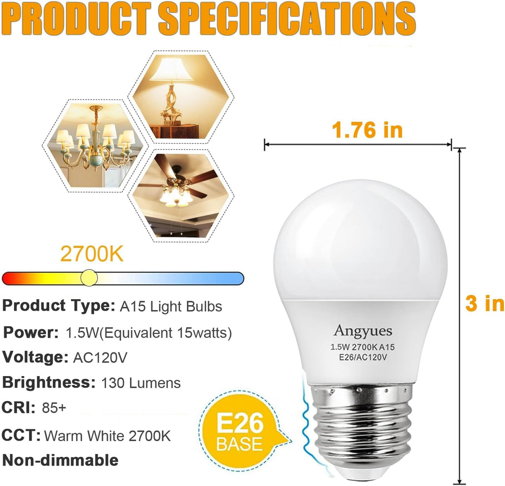 15W Light Bulb Equivalent, A15 15Watt Light Bulbs 2700K Soft White