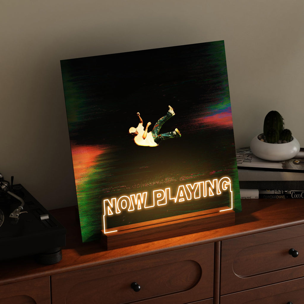 Now Playing Vinyl Record Stand, Light up Record Holder, Wooden Acrylic Display with Warm White Lights for Albums