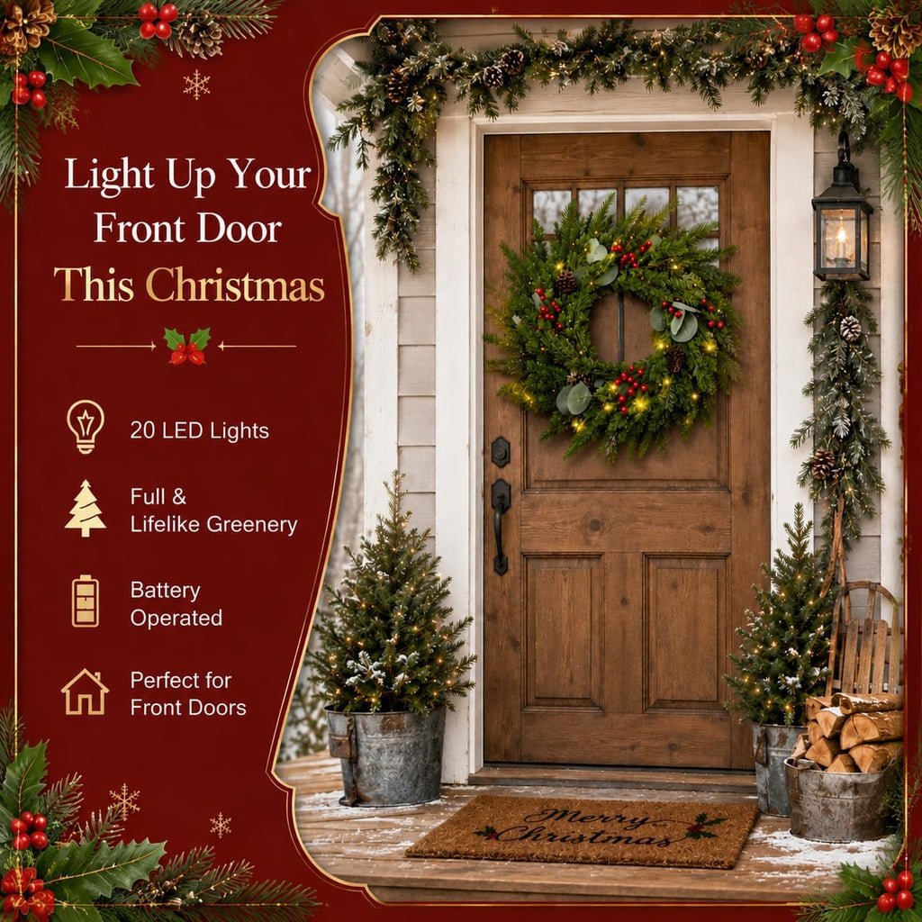 24 Inch Christmas Wreath for Front Door Artificial Wreath with Lights Red | Pinecones, Red Berries, Eucalyptus &