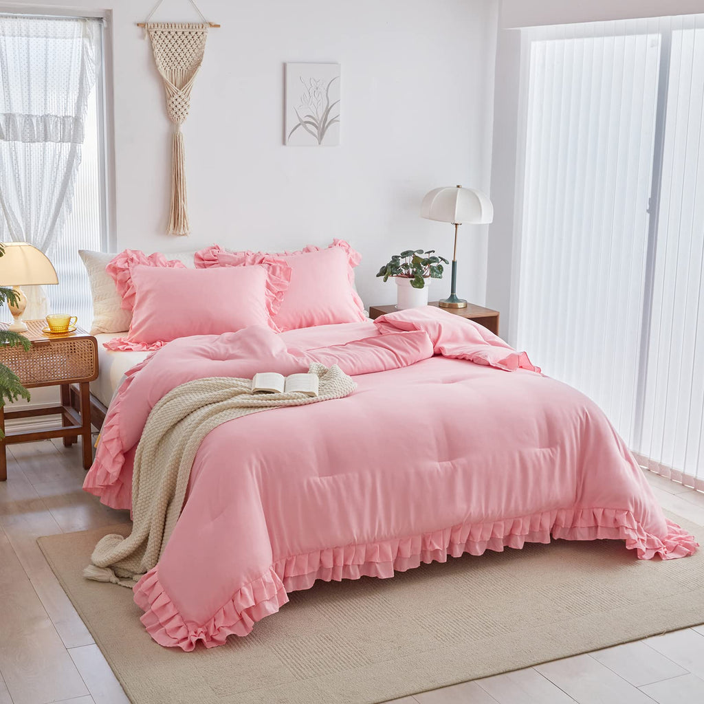 Pink Ruffle Comforter Set, 3 Pieces (1 Ruffled Comforter and 2 Pillowcases) Farmhouse Shabby Chic