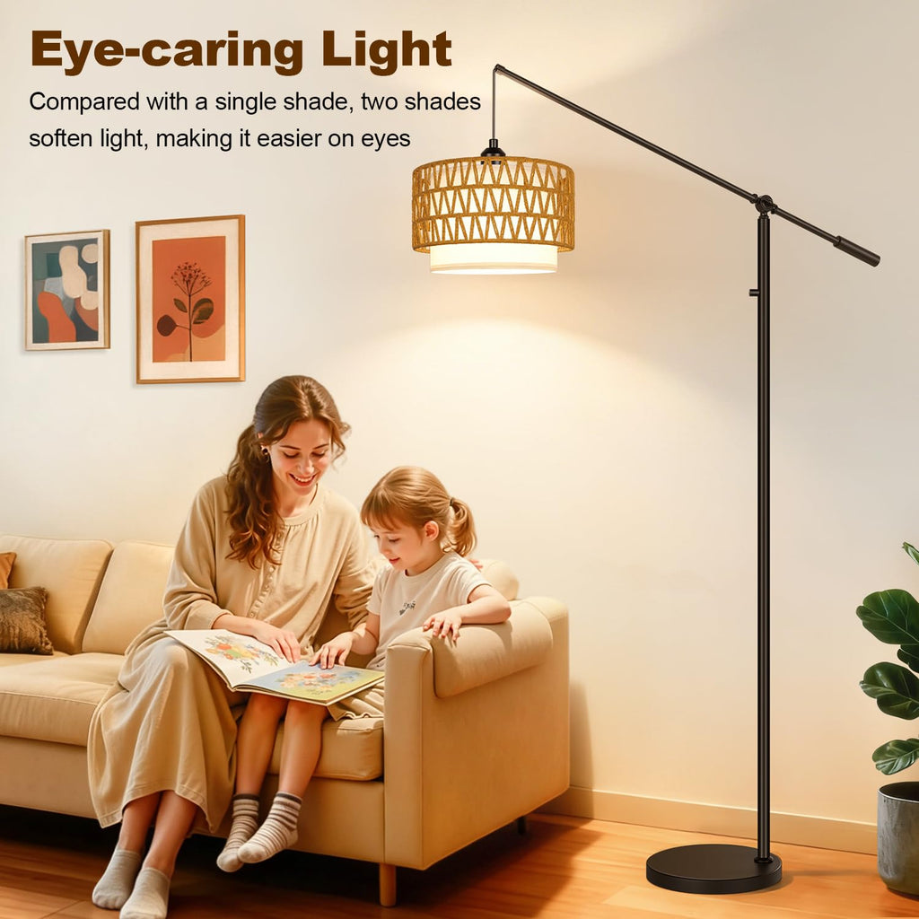 Boho Dimmable Arc Floor Lamp with Adjustable Swing Arm, Dimmer Knob, Black