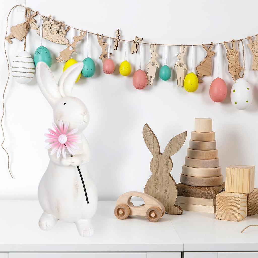 Spring Easter Decorations, 13.2" Distressed Resin Easter Bunny with Pink Flower, Easter Gifts, Farmhouse Decorative