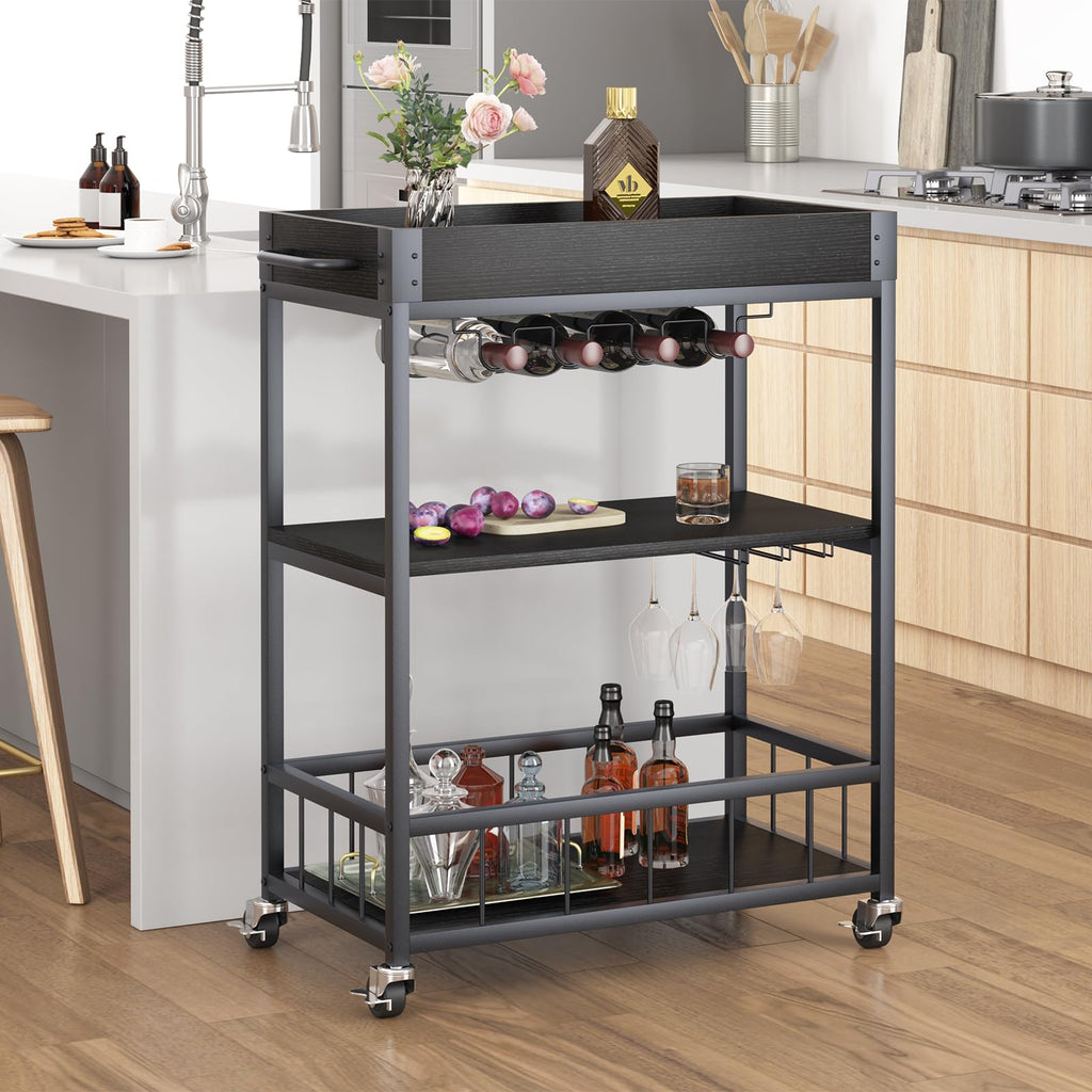 Bar Cart Serving Wine 3 Tier Home Rolling Rack with Wheels Mobile Kitchen Industrial Vintage Style Wood Metal Serving