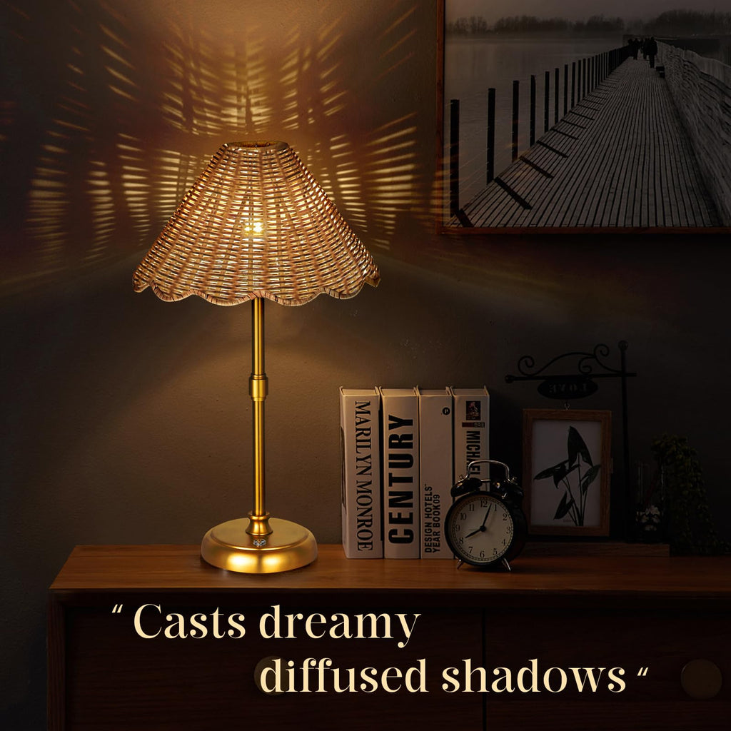 Cordless Boho Rattan Table lamp, 5200-mAh Rechargeable Battery, 3-level Brightness Dimmable, Build-in Integrated LED