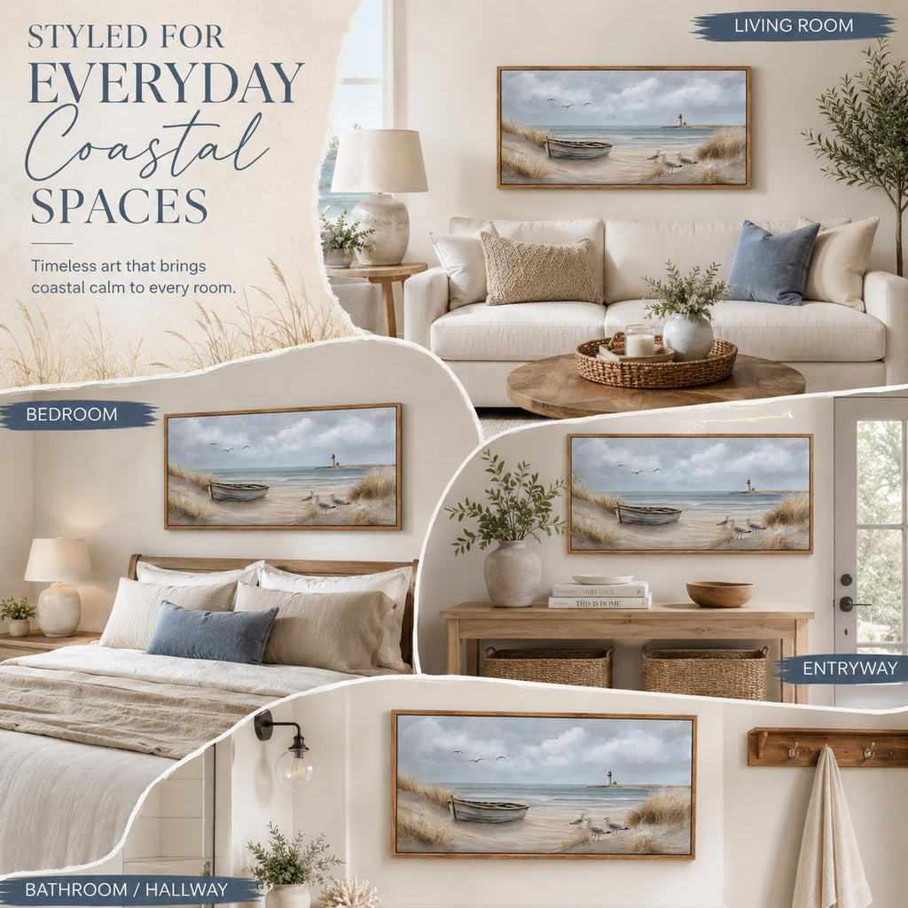 Framed Beach Coastal Lighthouse Canvas Wall Art 16X32 Inch