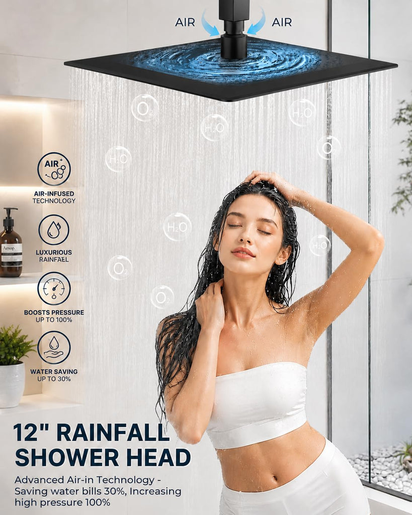 Black Shower Faucet Set with Filter, 12 inch Ceiling Mount Shower System