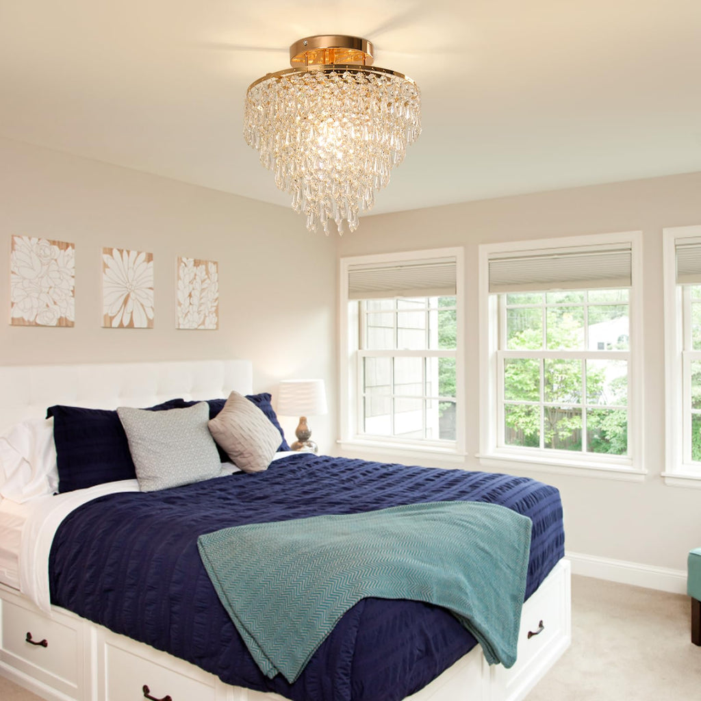 11.8 in Gold Crystal Chandelier, Flush Mount E26 Ceiling Light