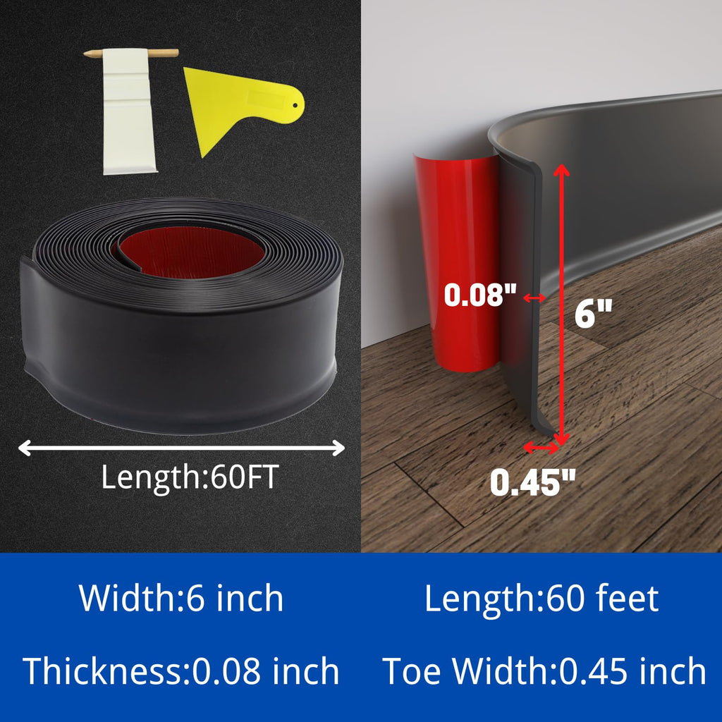 Peel and Stick Rubber Baseboard Trim, 6 Inch x 60 Feet, Black, S152