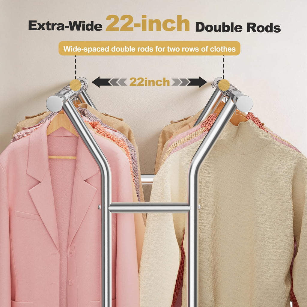 Heavy Duty Rolling Garment Rack, Double Rod Clothing Organizer, Silver