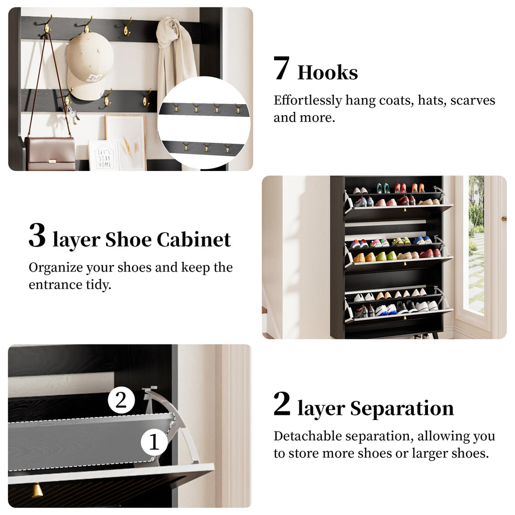 Shoe Storage Cabinet with 3 Fluted Flip Drawers & Coat Rack, Black