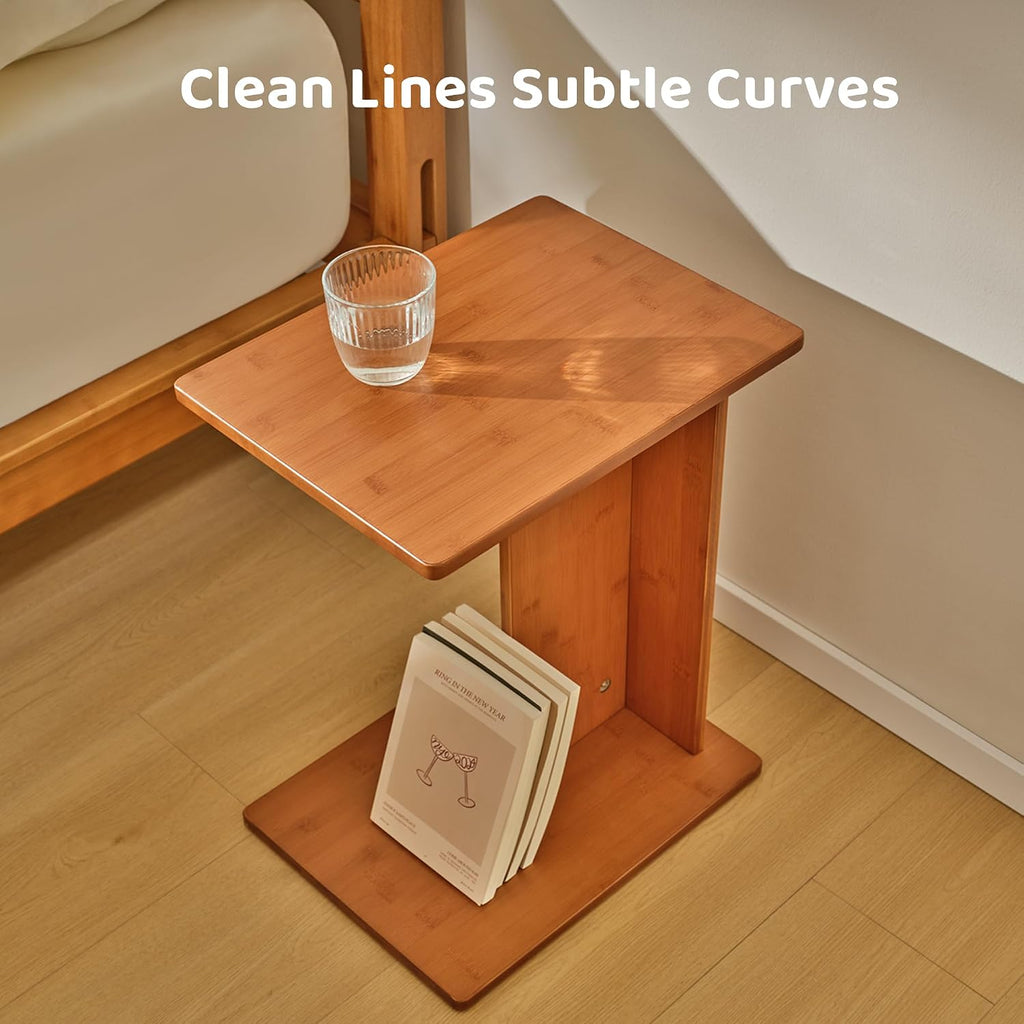 Solid Bamboo C-Shaped End Table Set of 2, Sustainable Mid-Century Modern Wood Sofa Side Table, Easy Assembly (Walnut)