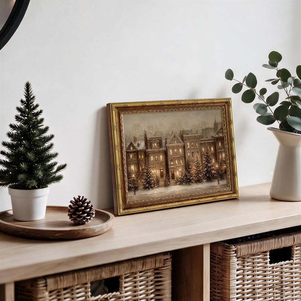 13x16 Gold Framed Canvas Wall Vintage Christmas Street Scene
