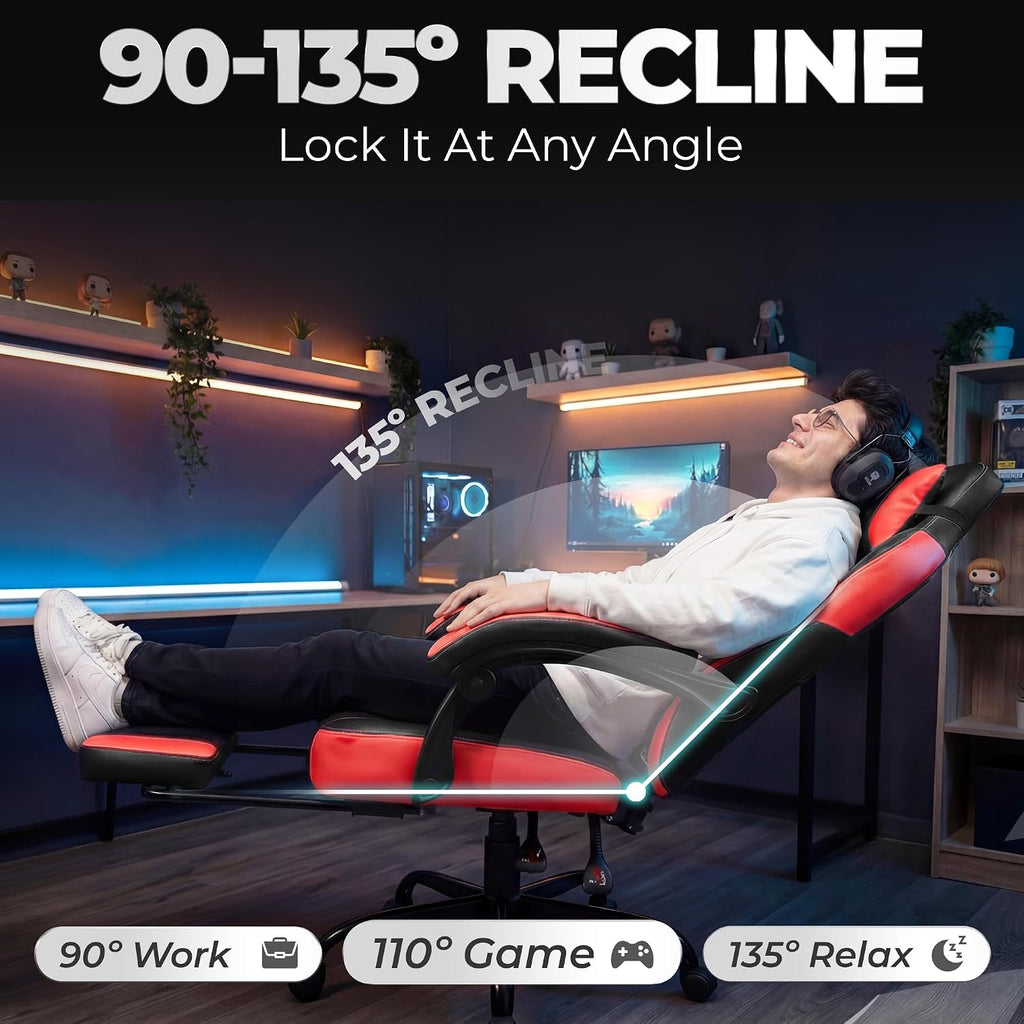 Big & Tall Gaming Chair with Footrest, Lumbar Support, Red | Ergonomic High-Back Chair for Adults, Padded Wide Seat