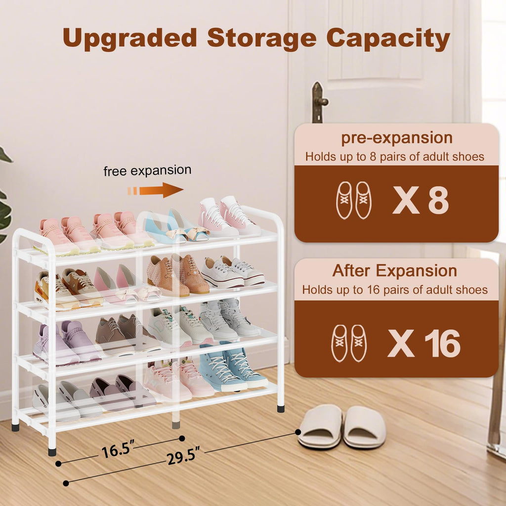 4-Tier Expandable Shoe Rack, Heavy-Duty Metal Organizer for Closet Entryway