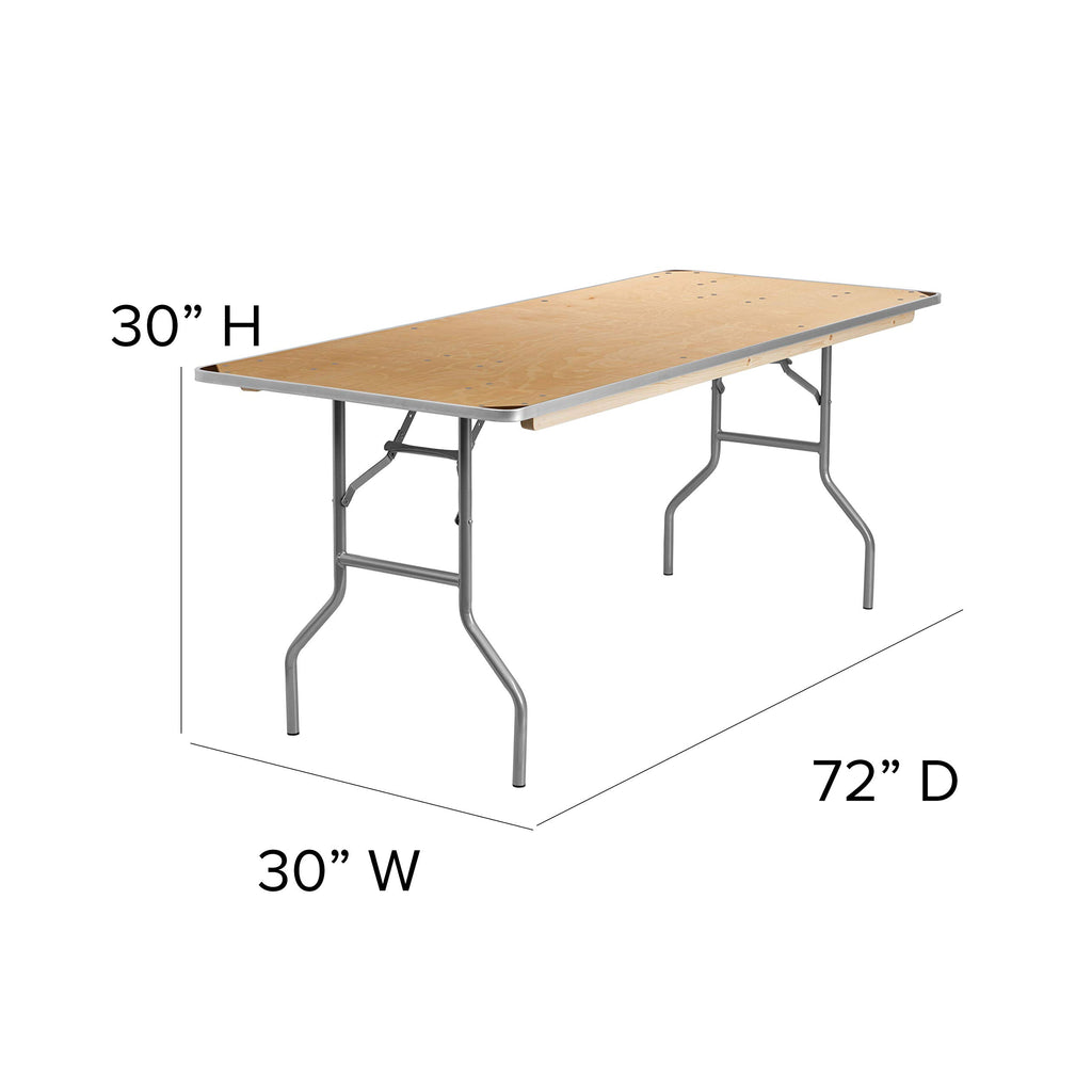 6 ft Rectangular Birchwood Folding Banquet Table with Metal Edges + 72" Bar Top Riser
